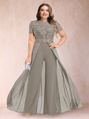A-Line/Princess Scoop Short Sleeves Plus Size Mother of the Bride Jumpsuit with Applique