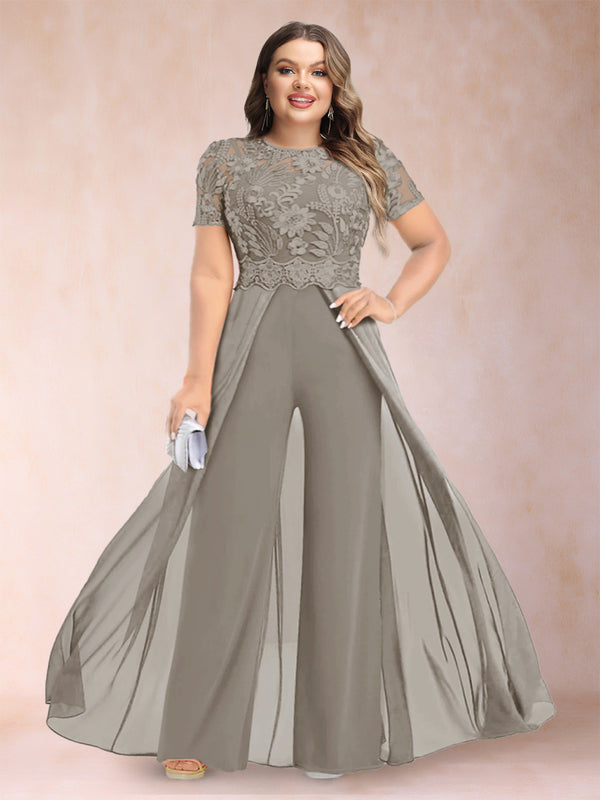 A-Line/Princess Scoop Short Sleeves Plus Size Mother of the Bride Jumpsuit with Applique