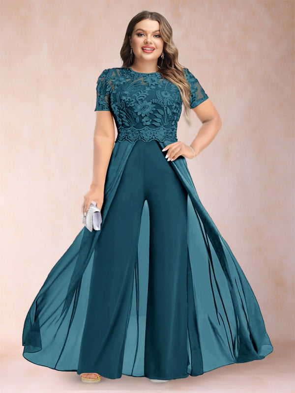 A-Line/Princess Scoop Short Sleeves Plus Size Mother of the Bride Jumpsuit with Applique