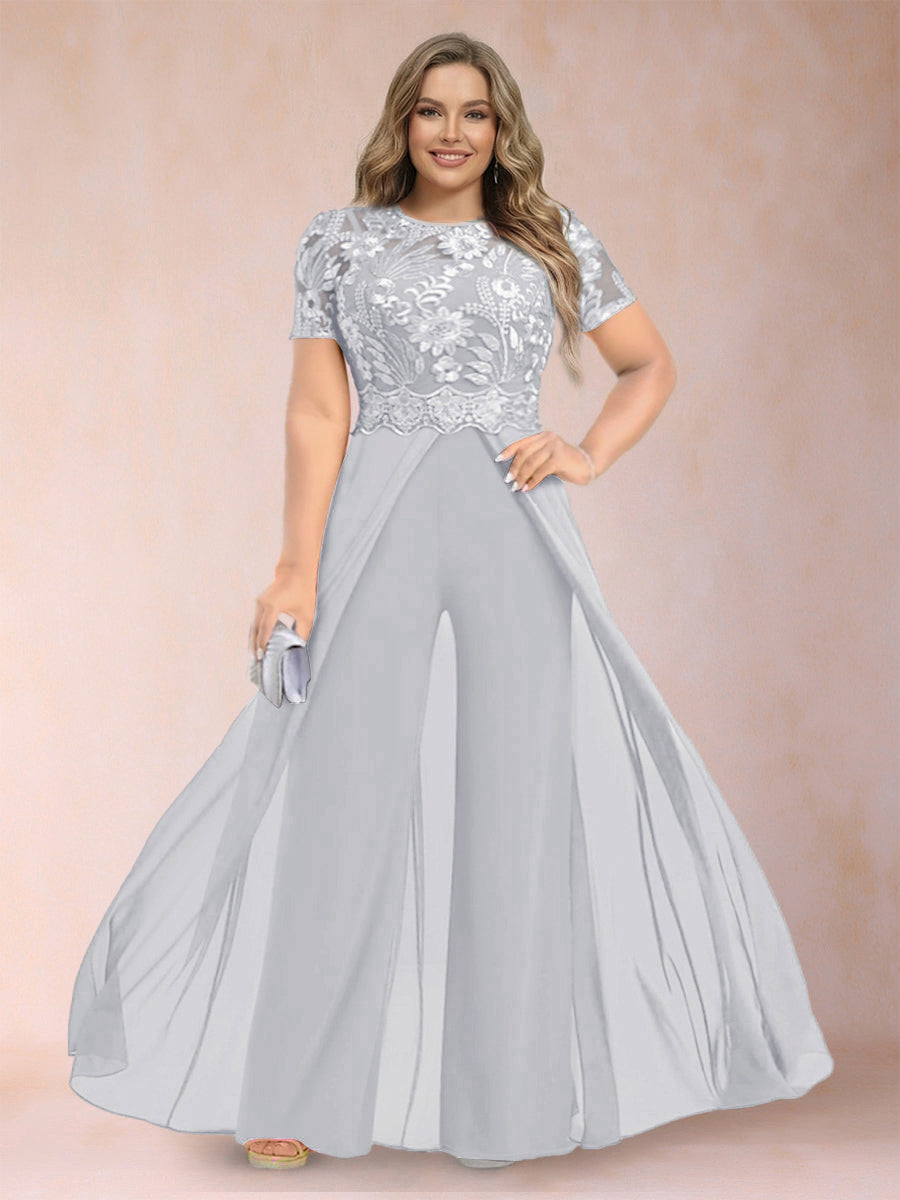 A-Line/Princess Scoop Short Sleeves Plus Size Mother of the Bride Jumpsuit with Applique