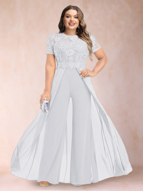 A-Line/Princess Scoop Short Sleeves Plus Size Mother of the Bride Jumpsuit with Applique