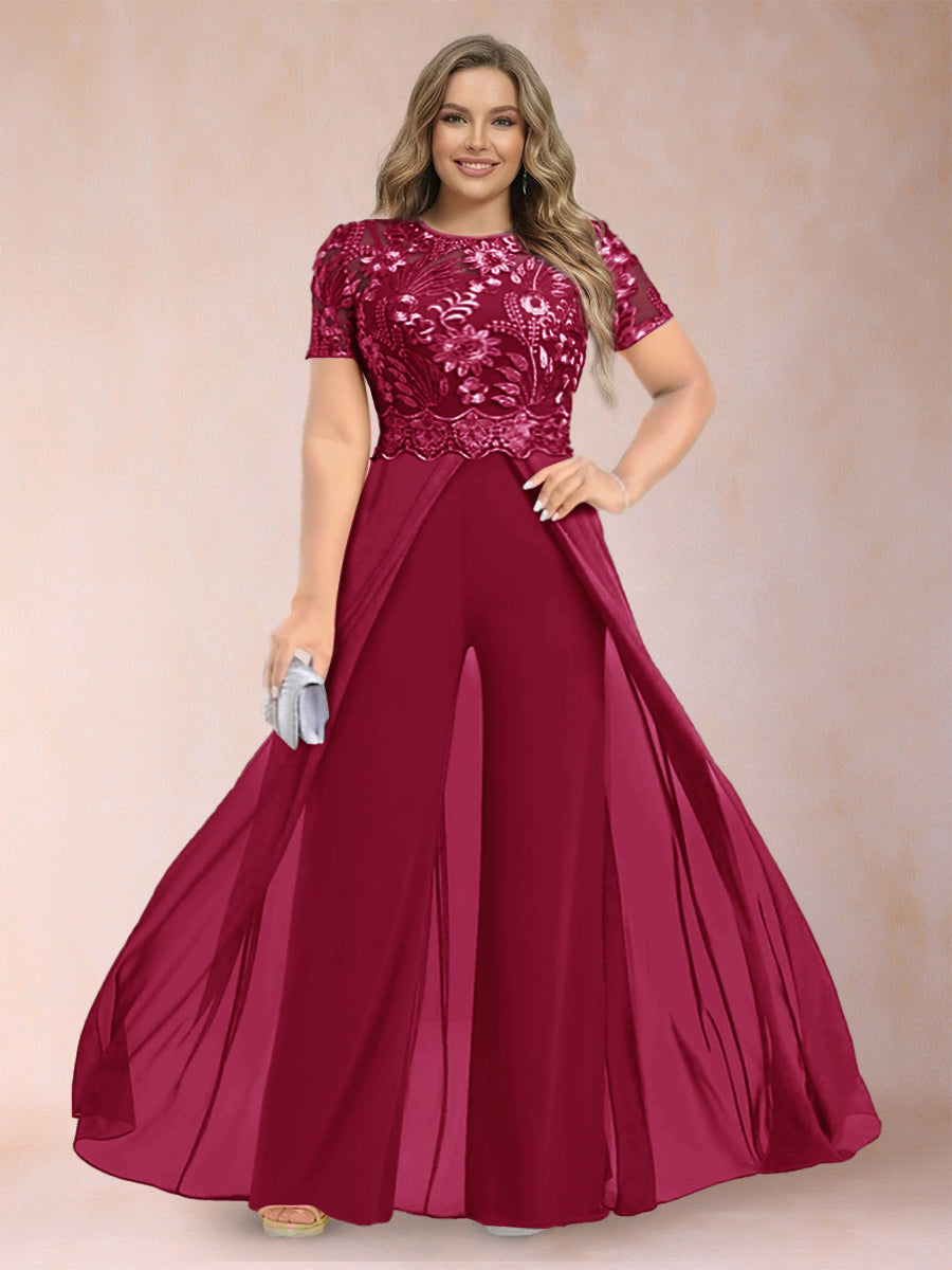 A-Line/Princess Scoop Short Sleeves Plus Size Mother of the Bride Jumpsuit with Applique