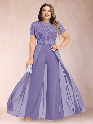 A-Line/Princess Scoop Short Sleeves Plus Size Mother of the Bride Jumpsuit with Applique