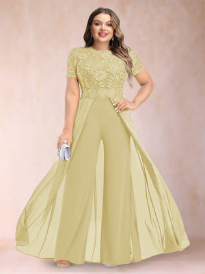 A-Line/Princess Scoop Short Sleeves Plus Size Mother of the Bride Jumpsuit with Applique