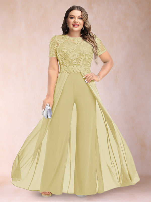A-Line/Princess Scoop Short Sleeves Plus Size Mother of the Bride Jumpsuit with Applique