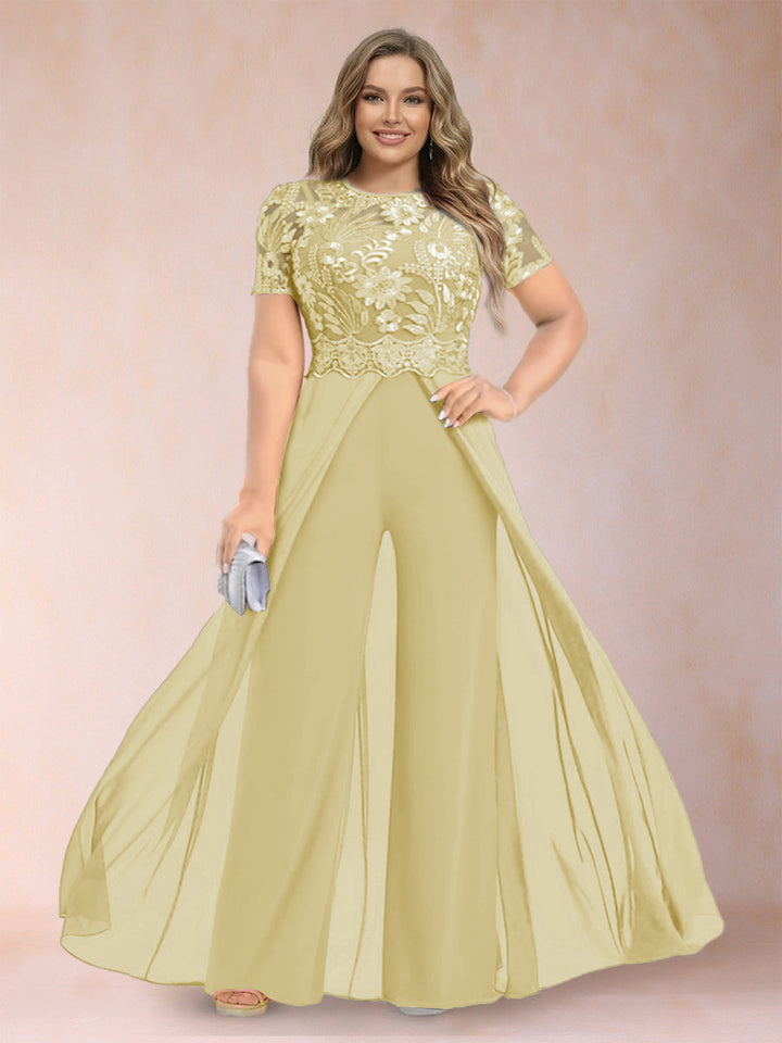 A-Line/Princess Scoop Short Sleeves Plus Size Mother of the Bride Jumpsuit with Applique