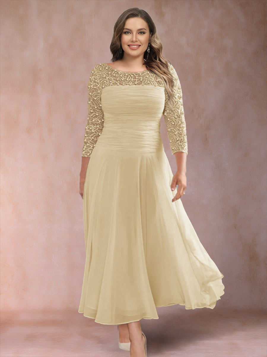 A-Line/Princess Scoop 3/4 Sleeves Plus Size Mother of the Bride Dresses with Applique