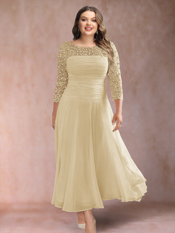 A-Line/Princess Scoop 3/4 Sleeves Plus Size Mother of the Bride Dresses with Applique