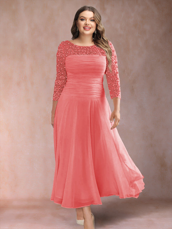 A-Line/Princess Scoop 3/4 Sleeves Plus Size Mother of the Bride Dresses with Applique