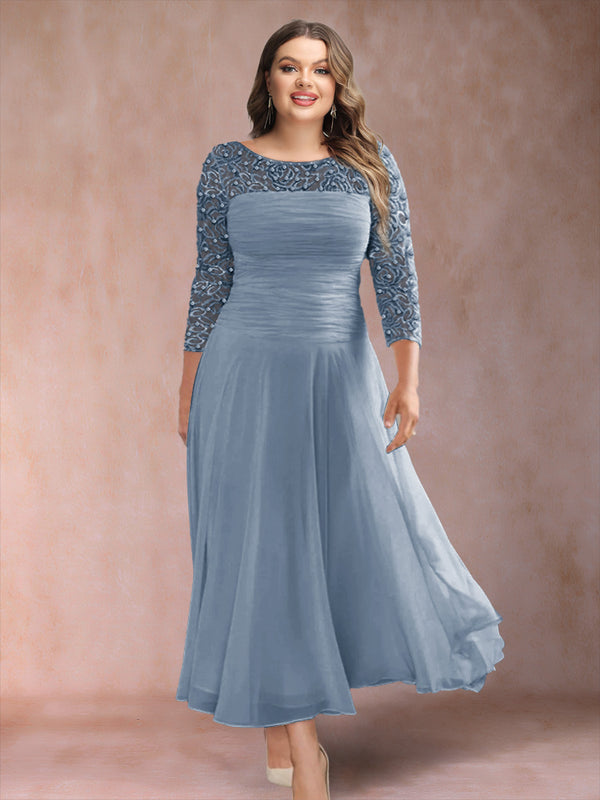 A-Line/Princess Scoop 3/4 Sleeves Plus Size Mother of the Bride Dresses with Applique