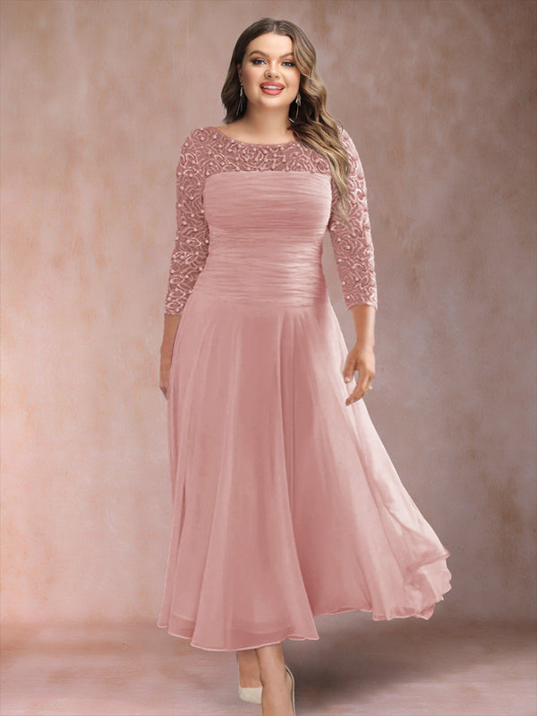A-Line/Princess Scoop 3/4 Sleeves Plus Size Mother of the Bride Dresses with Applique