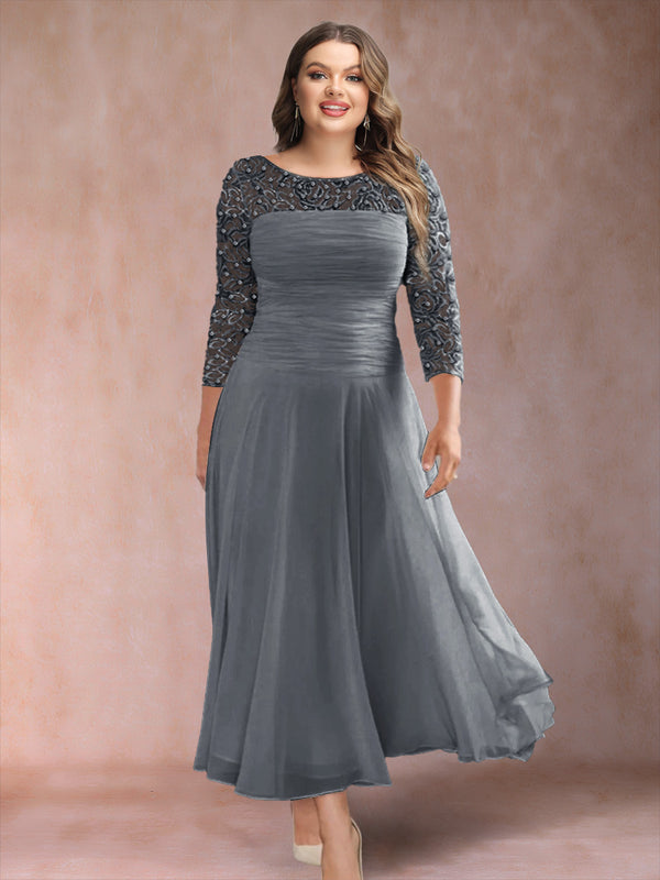 A-Line/Princess Scoop 3/4 Sleeves Plus Size Mother of the Bride Dresses with Applique
