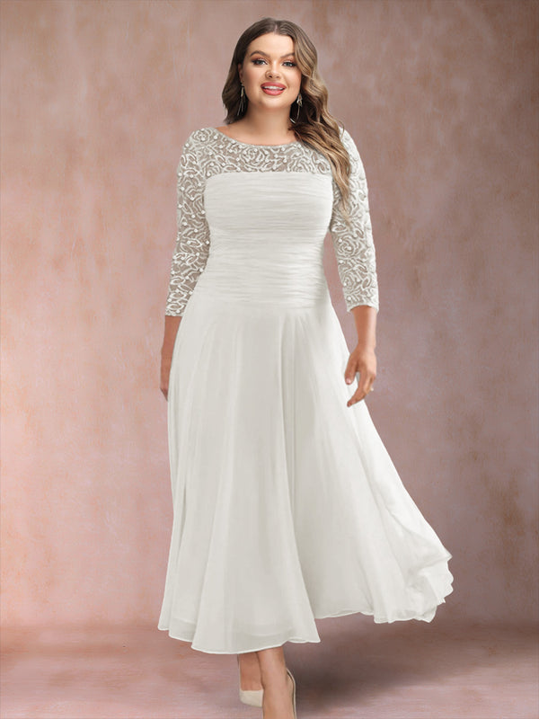 A-Line/Princess Scoop 3/4 Sleeves Plus Size Mother of the Bride Dresses with Applique