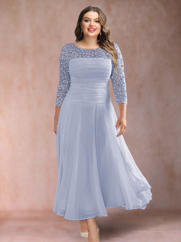 A-Line/Princess Scoop 3/4 Sleeves Plus Size Mother of the Bride Dresses with Applique