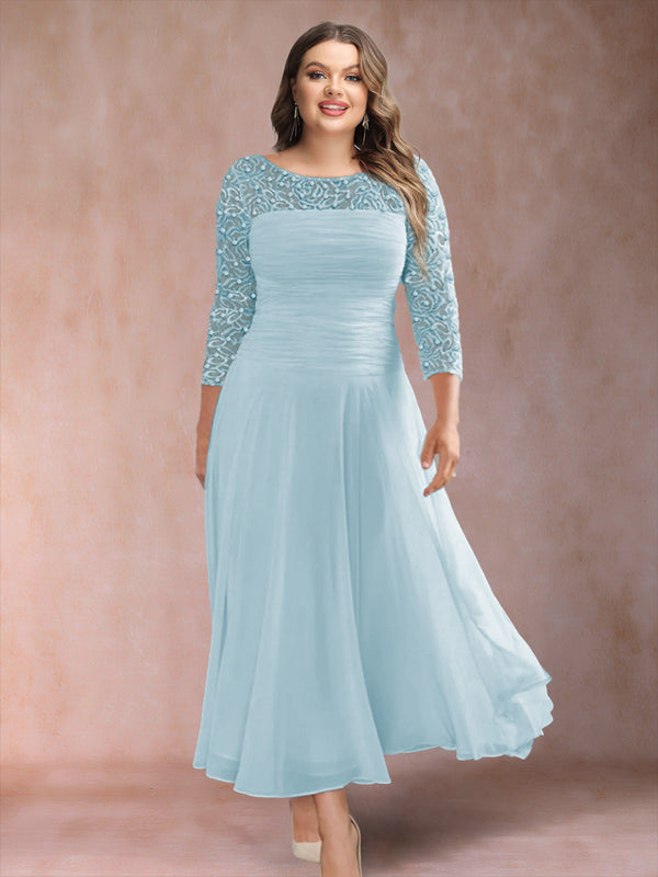 A-Line/Princess Scoop 3/4 Sleeves Plus Size Mother of the Bride Dresses with Applique