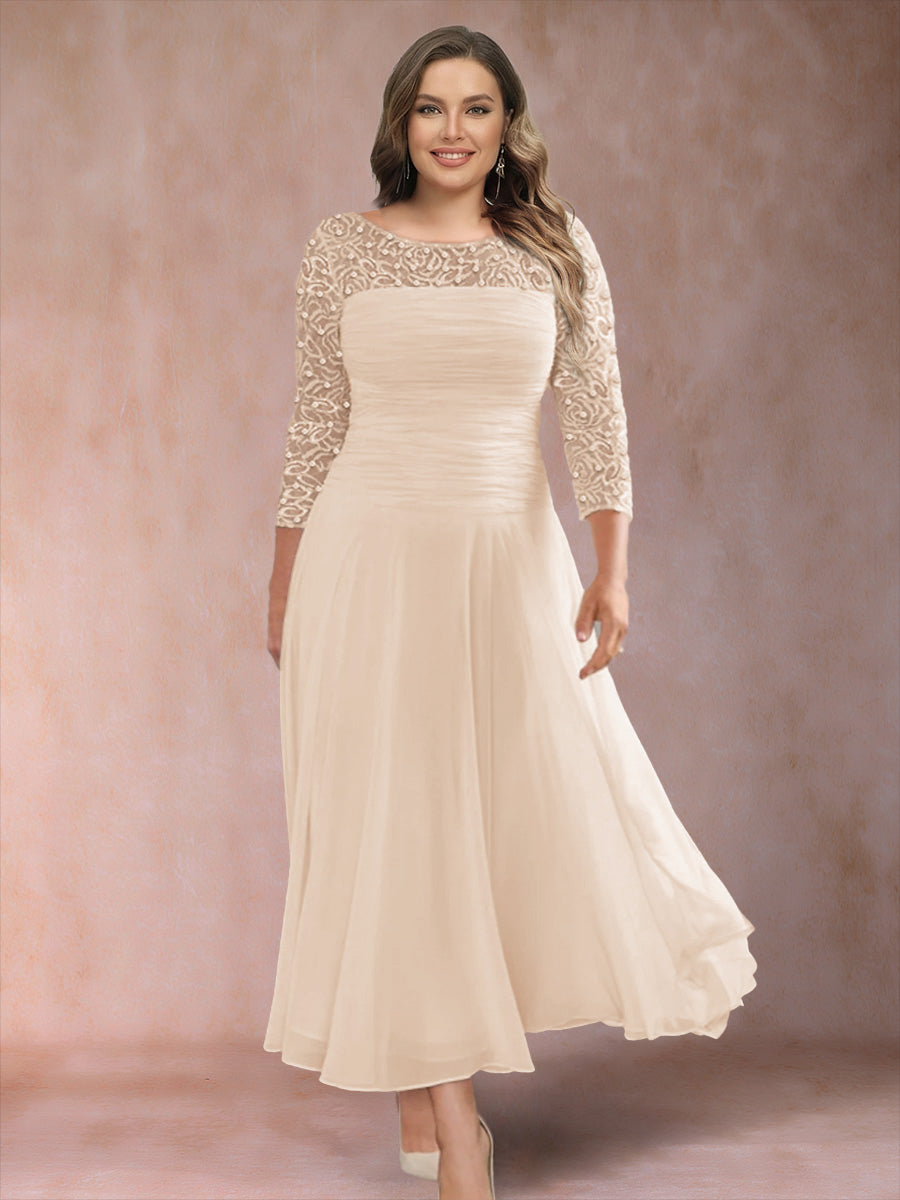 A-Line/Princess Scoop 3/4 Sleeves Plus Size Mother of the Bride Dresses with Applique