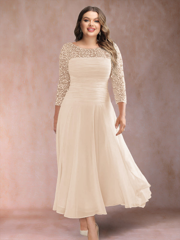 A-Line/Princess Scoop 3/4 Sleeves Plus Size Mother of the Bride Dresses with Applique