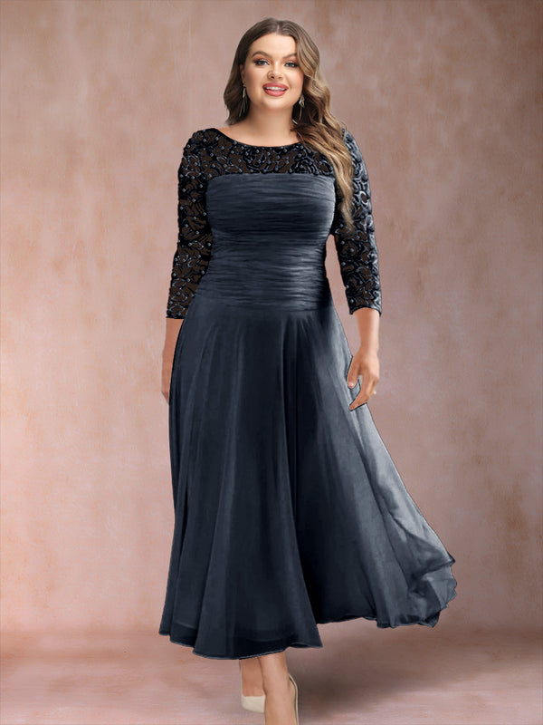 A-Line/Princess Scoop 3/4 Sleeves Plus Size Mother of the Bride Dresses with Applique