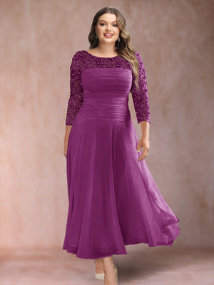 A-Line/Princess Scoop 3/4 Sleeves Plus Size Mother of the Bride Dresses with Applique