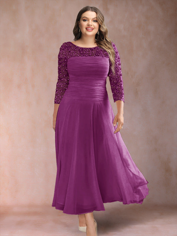 A-Line/Princess Scoop 3/4 Sleeves Plus Size Mother of the Bride Dresses with Applique
