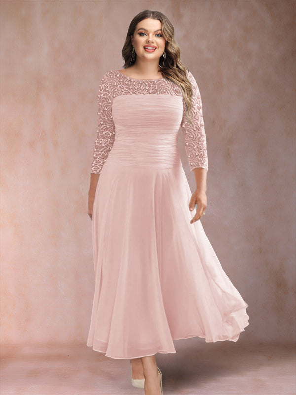 A-Line/Princess Scoop 3/4 Sleeves Plus Size Mother of the Bride Dresses with Applique