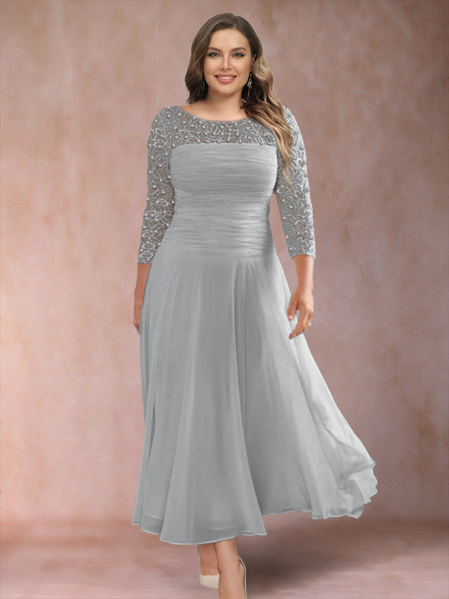 A-Line/Princess Scoop 3/4 Sleeves Plus Size Mother of the Bride Dresses with Applique