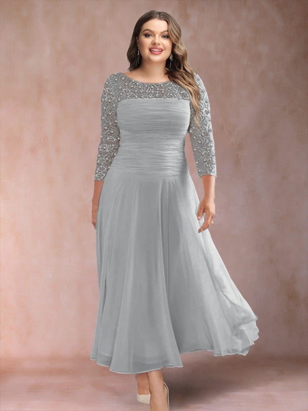 A-Line/Princess Scoop 3/4 Sleeves Plus Size Mother of the Bride Dresses with Applique