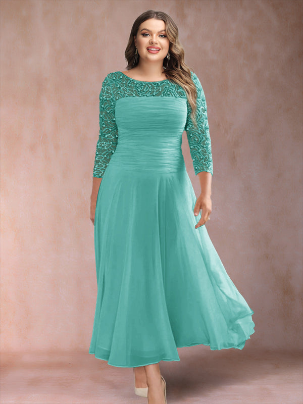 A-Line/Princess Scoop 3/4 Sleeves Plus Size Mother of the Bride Dresses with Applique
