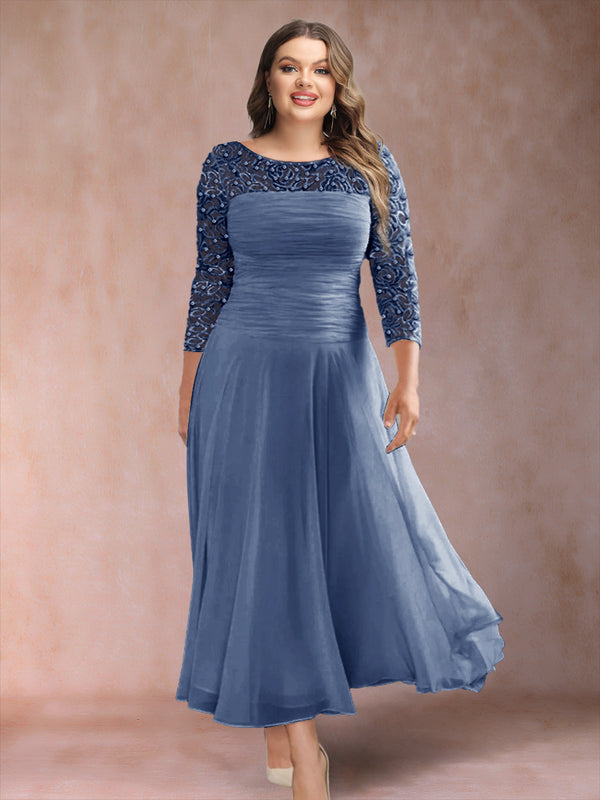 A-Line/Princess Scoop 3/4 Sleeves Plus Size Mother of the Bride Dresses with Applique