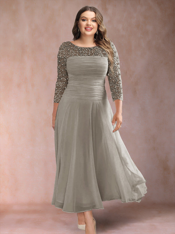 A-Line/Princess Scoop 3/4 Sleeves Plus Size Mother of the Bride Dresses with Applique