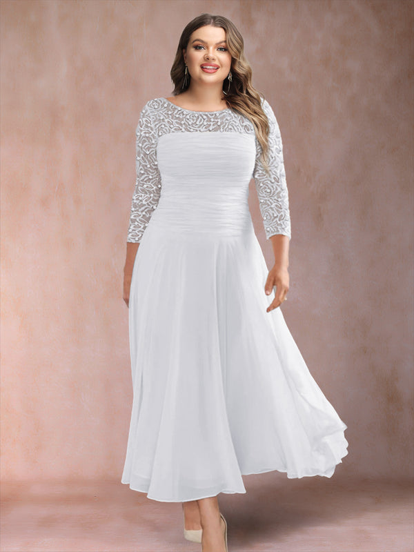 A-Line/Princess Scoop 3/4 Sleeves Plus Size Mother of the Bride Dresses with Applique