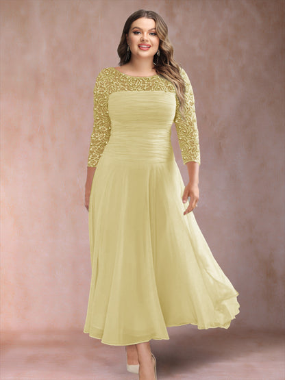 A-Line/Princess Scoop 3/4 Sleeves Plus Size Mother of the Bride Dresses with Applique