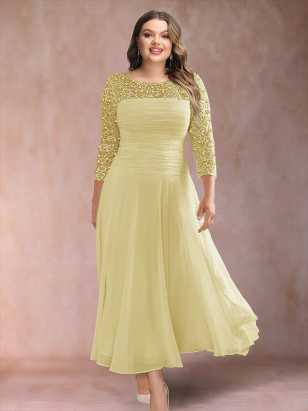 A-Line/Princess Scoop 3/4 Sleeves Plus Size Mother of the Bride Dresses with Applique