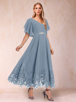 A-Line/Princess V-Neck Half Sleeves Mother of the Bride Dresses with Applique