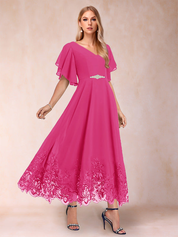 A-Line/Princess V-Neck Half Sleeves Mother of the Bride Dresses with Applique
