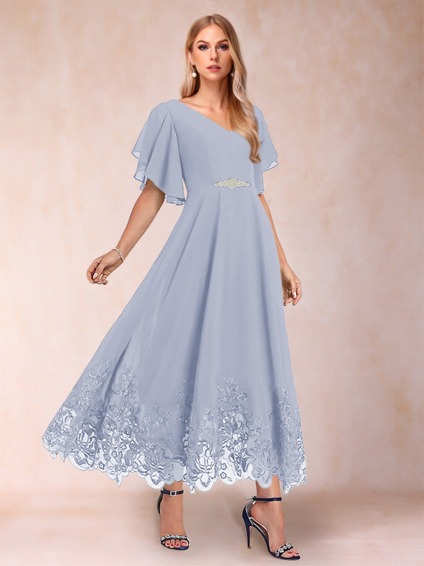 A-Line/Princess V-Neck Half Sleeves Mother of the Bride Dresses with Applique