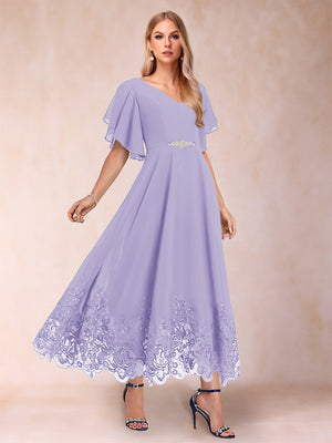 A-Line/Princess V-Neck Half Sleeves Mother of the Bride Dresses with Applique
