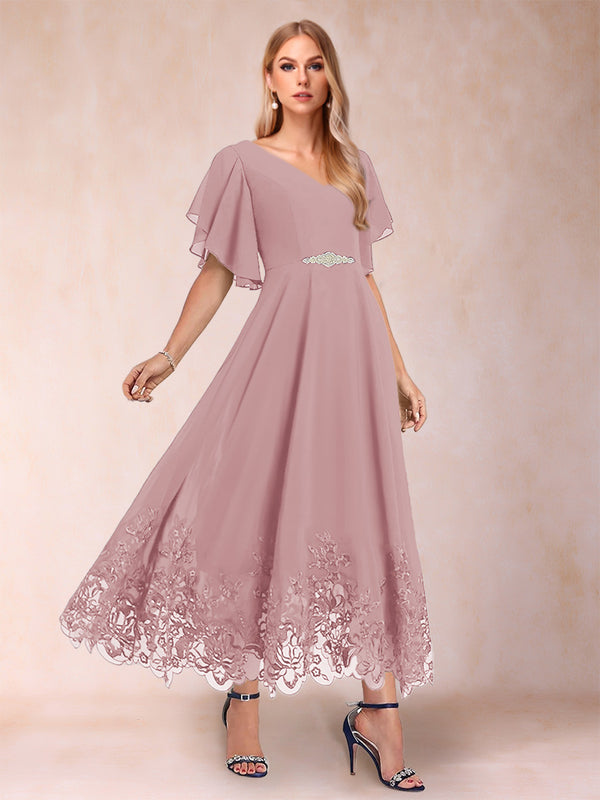 A-Line/Princess V-Neck Half Sleeves Mother of the Bride Dresses with Applique