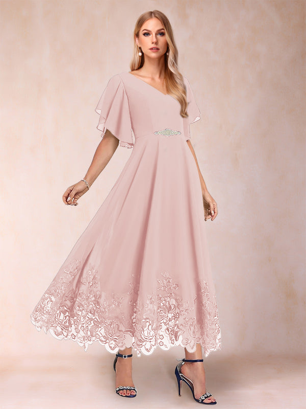 A-Line/Princess V-Neck Half Sleeves Mother of the Bride Dresses with Applique