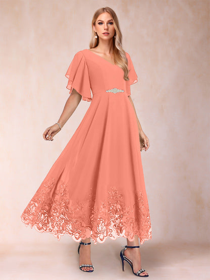 A-Line/Princess V-Neck Half Sleeves Mother of the Bride Dresses with Applique