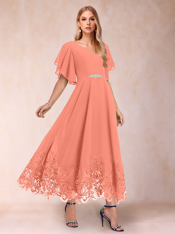 A-Line/Princess V-Neck Half Sleeves Mother of the Bride Dresses with Applique