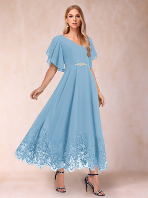 A-Line/Princess V-Neck Half Sleeves Mother of the Bride Dresses with Applique