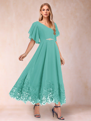 A-Line/Princess V-Neck Half Sleeves Mother of the Bride Dresses with Applique