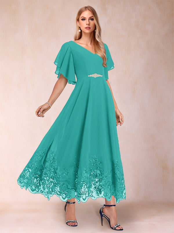 A-Line/Princess V-Neck Half Sleeves Mother of the Bride Dresses with Applique