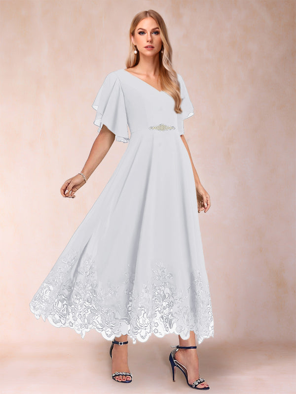 A-Line/Princess V-Neck Half Sleeves Mother of the Bride Dresses with Applique