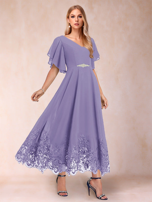 A-Line/Princess V-Neck Half Sleeves Mother of the Bride Dresses with Applique