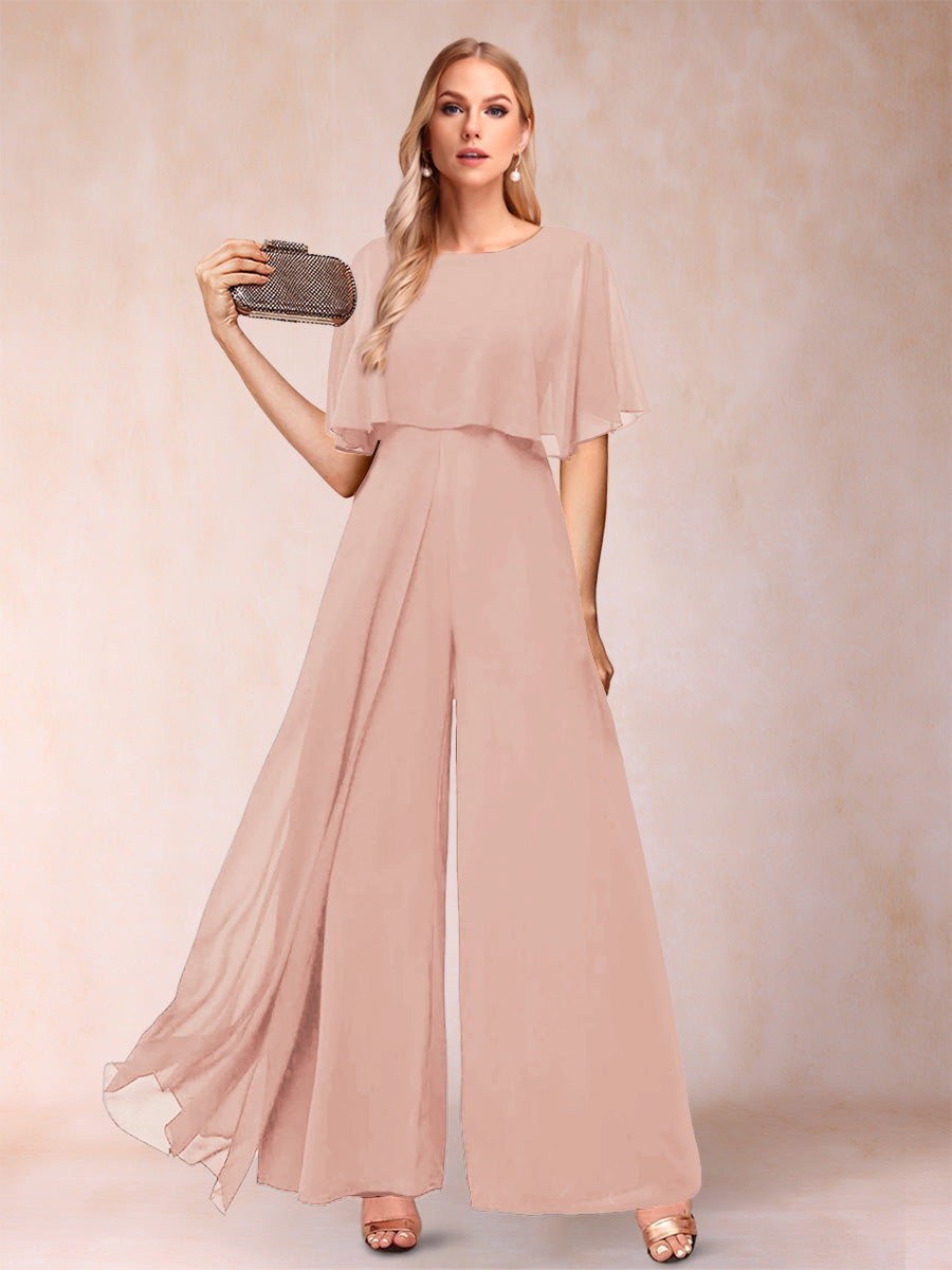 A-Line/Princess Scoop Short Sleeves Jumpsuits with Watteau Train