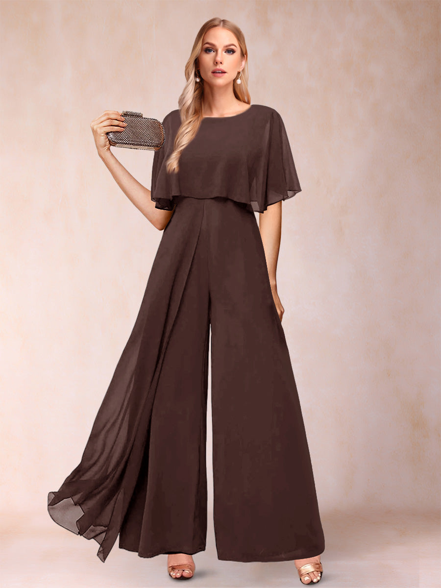 A-Line/Princess Scoop Short Sleeves Jumpsuits with Watteau Train
