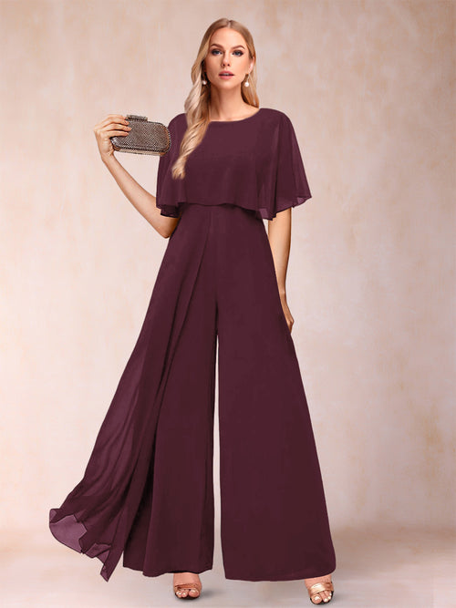 A-Line/Princess Scoop Short Sleeves Jumpsuits with Watteau Train