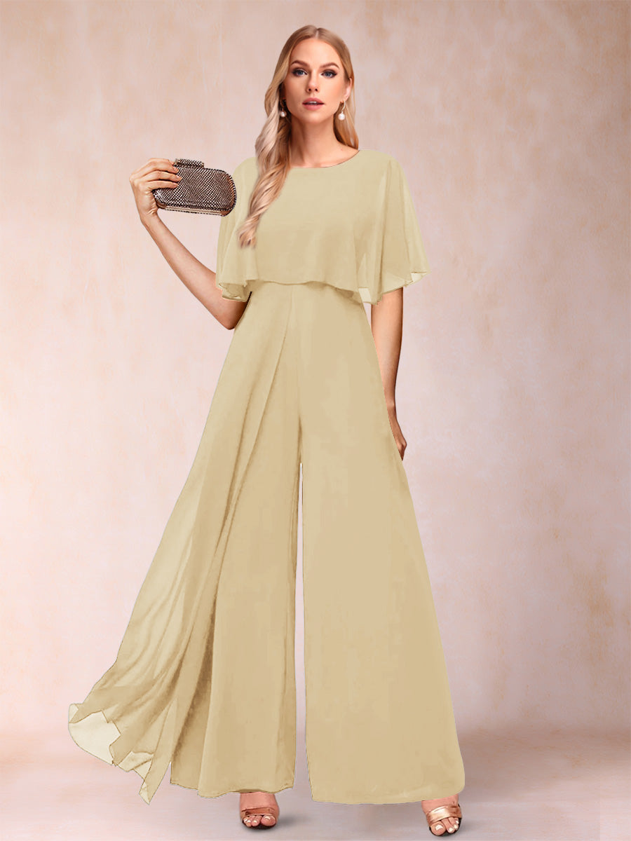 A-Line/Princess Scoop Short Sleeves Jumpsuits with Watteau Train